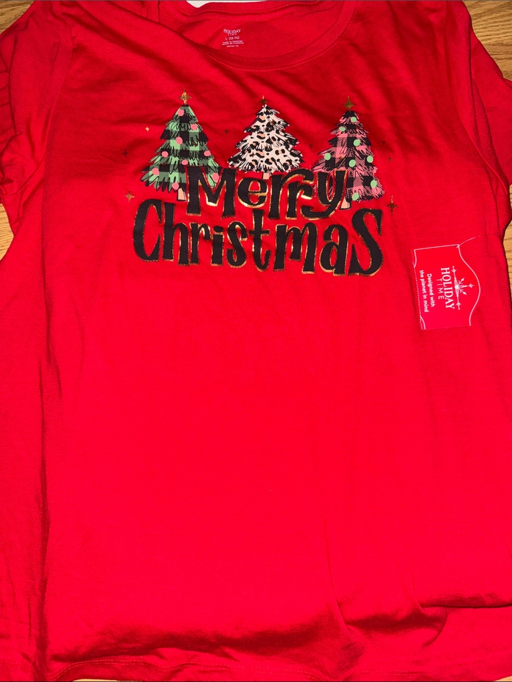 Holiday Time Red Long Sleeve Tee with Merry Christmas Trees Graphic
